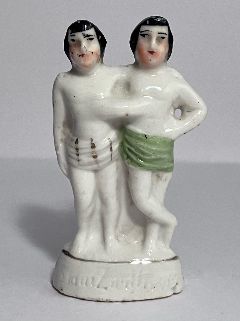 1860s SIAMESE TWINS German Figurine / CHANG & ENG BUNKER / Antique Souvenir